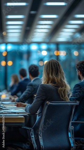 Attentive audience at a business conference, seated at a long table in a modern office setting.  Focus on a woman's back