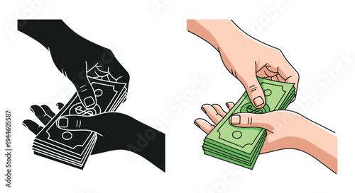 Hands exchanging money a colorful and monochrome illustration