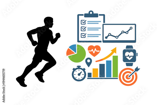 A silhouette of a male runner alongside various fitness and health