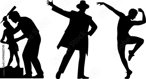 Sculptor silhouette, theatrical performer illustration, dancer in motion, creative arts concept design