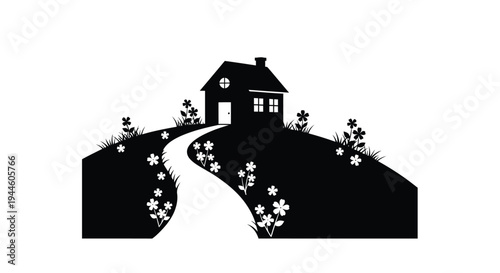 Simple black silhouette of a house with a winding path and floral meadow