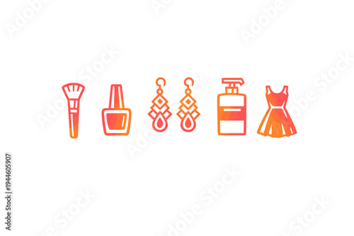 A set of five fashion and beauty icons featuring a makeup brush, nail