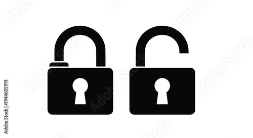 Two black padlock icons one locked and one unlocked side by side