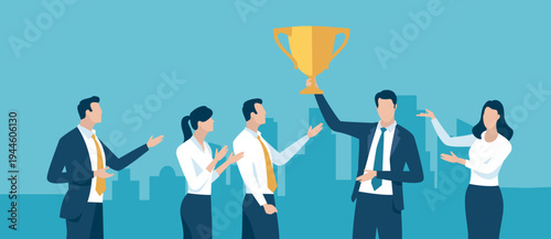 Winner. Congratulations. Team celebrating the winner. Vector business illustration.