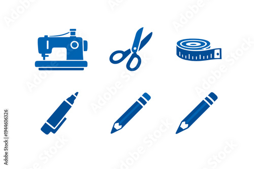 A set of six blue vector icons representing sewing and design tools