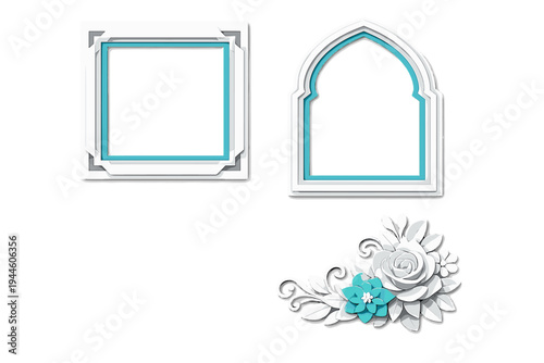 A set of elegant 3D paper cut decorative elements featuring a square