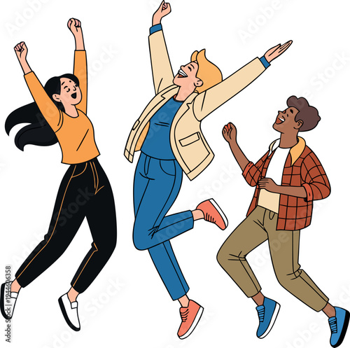 Three young friends jumping up in the air with excitement and joy
