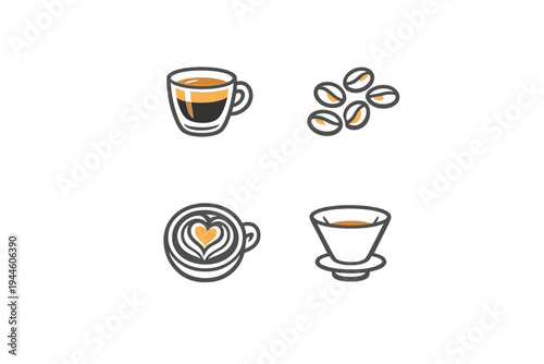 Minimalist vector illustration set featuring coffee icons including