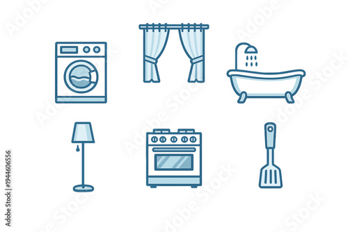 A set of six blue line-art icons representing household items