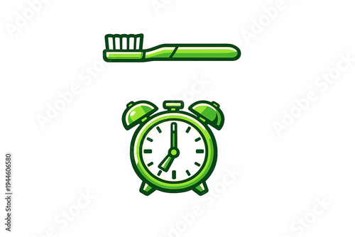 A vector illustration featuring a green toothbrush and a green alarm