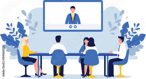 Virtual Meeting Concept with People Sitting at a Table and Video Conference on Screen, Remote Work and Collaboration Illustration