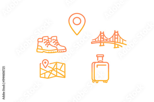 A collection of travel and tourism icons featuring a location pin