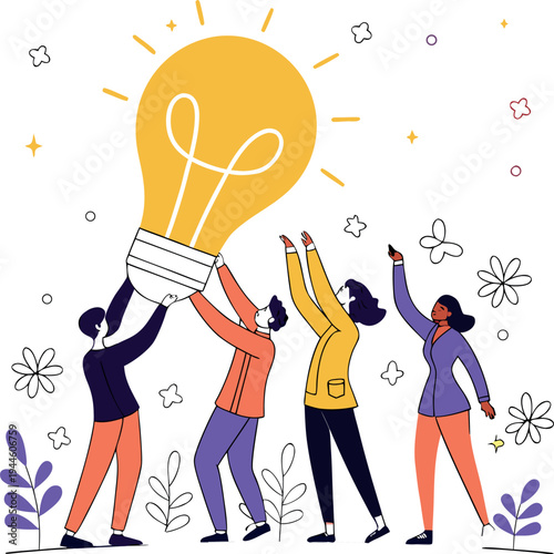 Diverse group of people holding up a large yellow light bulb with flowers and stars around them