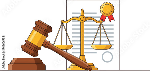 Legal Concept with Gavel, Scales of Justice, and Legal Document, Law and Justice Illustration