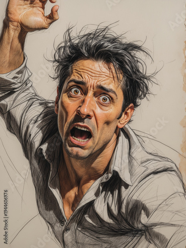 The frightened man runs away in horror.