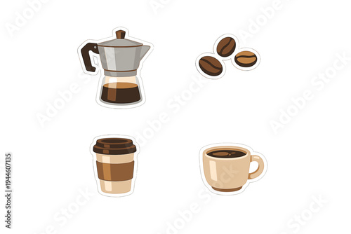 A collection of coffee-themed vector stickers featuring a moka pot