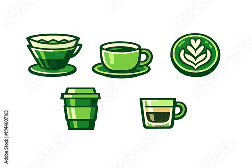 A collection of green coffee and tea icons featuring a pour-over