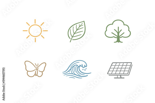 A set of six hand-drawn nature and renewable energy icons including a