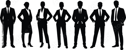 Flat vector black silhouettes of diverse business professionals standing confidently in suits, teamwork illustration, corporate leadership concept, office culture design art