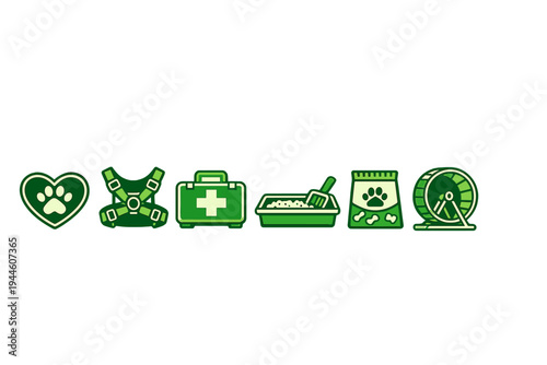 A set of six green pet care and animal welfare icons including a paw