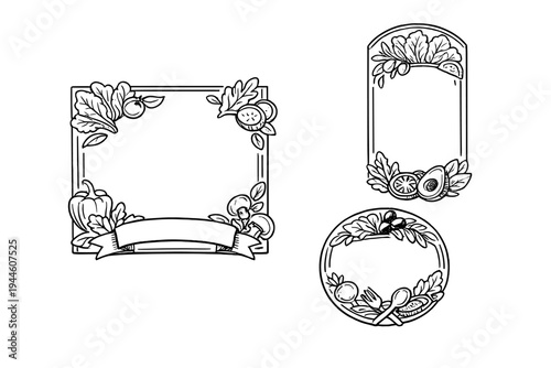 A set of three hand-drawn black and white vector frames featuring