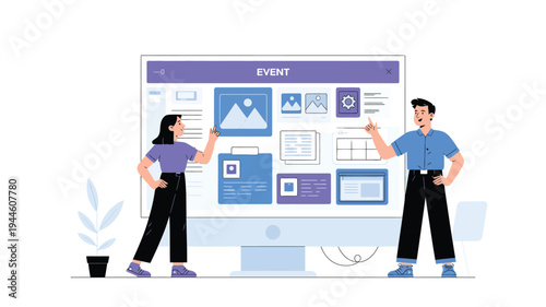 Website design and development concept with team planning UI layout on computer screen, web interface creation and digital project collaboration