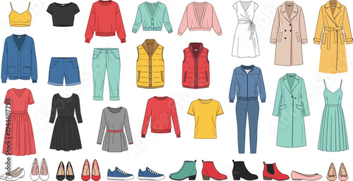 Fashionable women garment and footwear collection, casual apparel, outerwear, dresses, trousers, sneakers, boots, stylish seasonal clothing flat vector illustration
