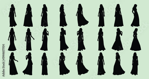 Evening Gown Silhouette Set Women Elegant Long Dress Vector IllustrationEvening Gown Silhouette Set Women Elegant Long Dress Vector Illustration
