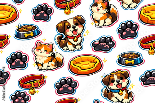 Seamless pattern featuring cute cartoon puppies, kittens, paw prints