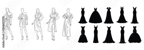 Fashion model line art and evening gown silhouettes for dress designFashion model line art and evening gown silhouettes for dress design