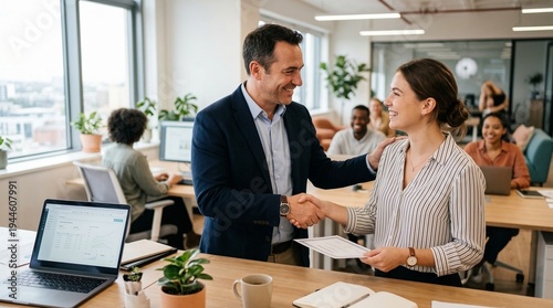 Smiling businessman shaking hands with young woman receiving certificate in modern bright office environment with coworkers watching