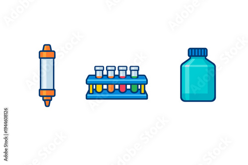 A vector illustration featuring laboratory equipment including a chromatography column, a rack of test tubes with colorful liquids, and a blue chemical bottle on a black background.