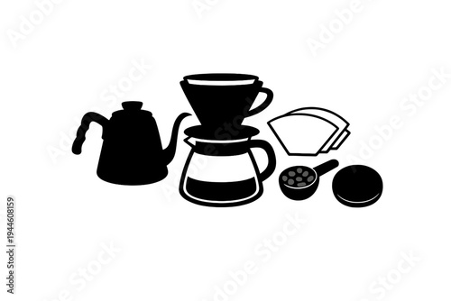 A minimalist black and white illustration featuring a coffee pot, paper filters, and coffee beans on a dark background. Ideal for cafe branding and coffee themed graphic design.
