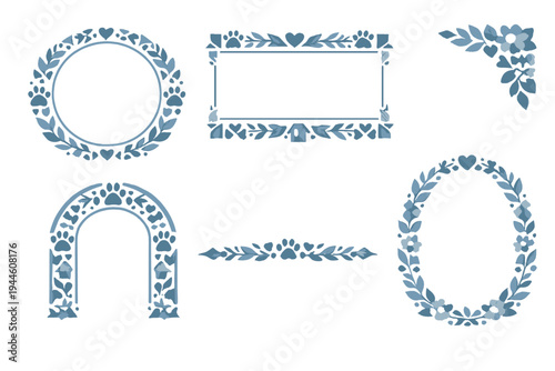 Set of blue rustic frames and borders with pet motifs including paw