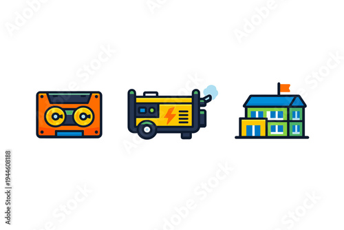 A set of three flat vector icons featuring an orange cassette tape, a yellow portable electric generator, and a green building with a flag, all set against a black background.
