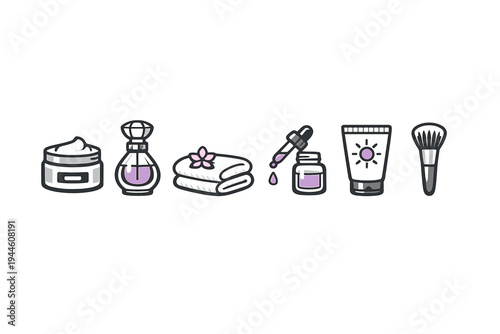A collection of beauty and skincare icons featuring a face cream jar