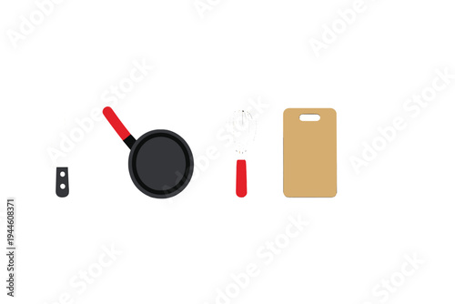 A flat illustration of essential kitchen tools including a chef's knife, a frying pan, a whisk, and a wooden cutting board arranged horizontally against a solid black background.