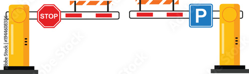 Parking barrier gate with stop sign and parking symbol automatic vehicle access control system entrance checkpoint vector illustration