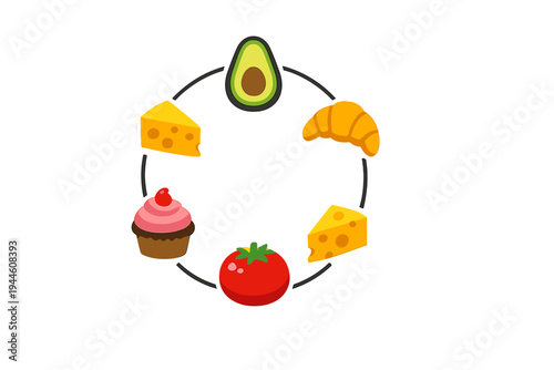 A circular arrangement of various food icons including an avocado, croissant, cheese slices, a tomato, and a cupcake. The colorful illustrations are set against a black background.