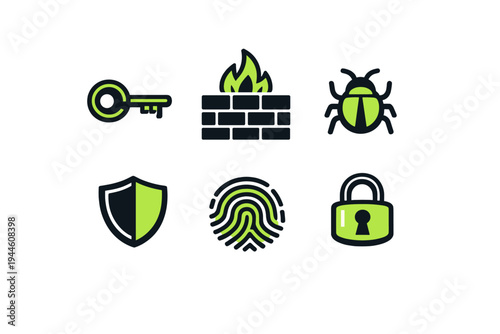 A set of six flat cybersecurity icons in black and lime green