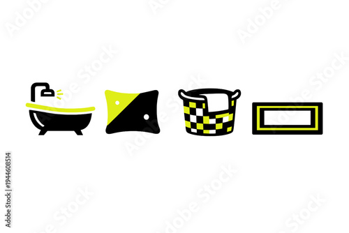 A collection of four minimalist icons representing home and bathroom
