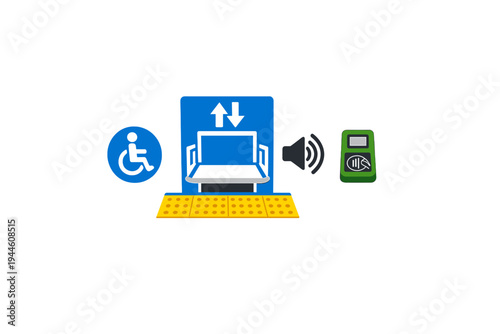 A collection of flat icons representing accessibility features like a wheelchair symbol, a lift with arrows, tactile paving, an audio speaker, and a green contactless card reader.