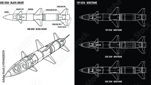 Technical vector blueprint of a guided missile featuring black line art schematics and digital wireframe models with component callouts.