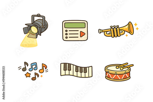 A set of six music-themed vector icons featuring a stage spotlight