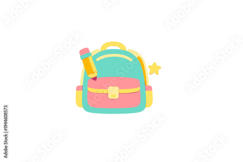 A colorful 3D illustration of a teal and pink school backpack featuring a yellow pencil on the side and a small star, isolated on a black background for educational themes.