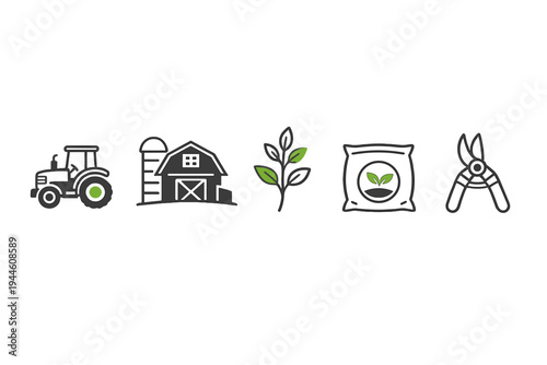A collection of five minimalist agriculture icons including a