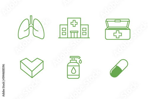 A collection of six green medical icons featuring lungs, a hospital