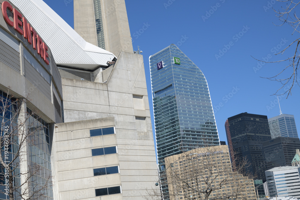 Fototapeta premium looking northeast from Bremner Blvd to Rogers Centre stadium, landmark tower, TD Terrace, Intercontinental hotel, TD Centre, and others, Toronto