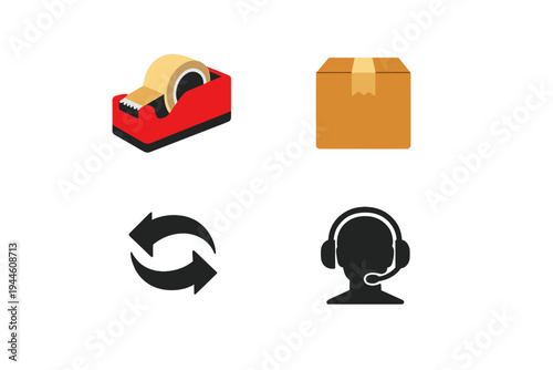 A collection of four icons including a red tape dispenser, a sealed cardboard box, a circular arrow symbol, and a silhouette of a customer service representative with a headset.