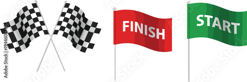 Racing flags set checkered finish flag and start banner motorsport competition symbol vector illustration isolated racing event elements